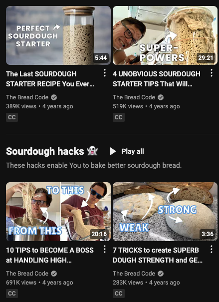 Screenshot of Kleinwaechter's YouTube page, with video titles like "The last SOURDOUGH STARTER RECIPE you will ever need,' and "10 Tips to BECOME A BOSS" at dough handling.